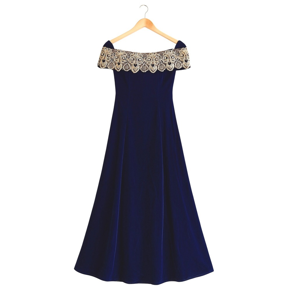 Vintage‎ Alyce Designs Gold Lace Off Shoulder Evening Gown Formal Velvet Dress